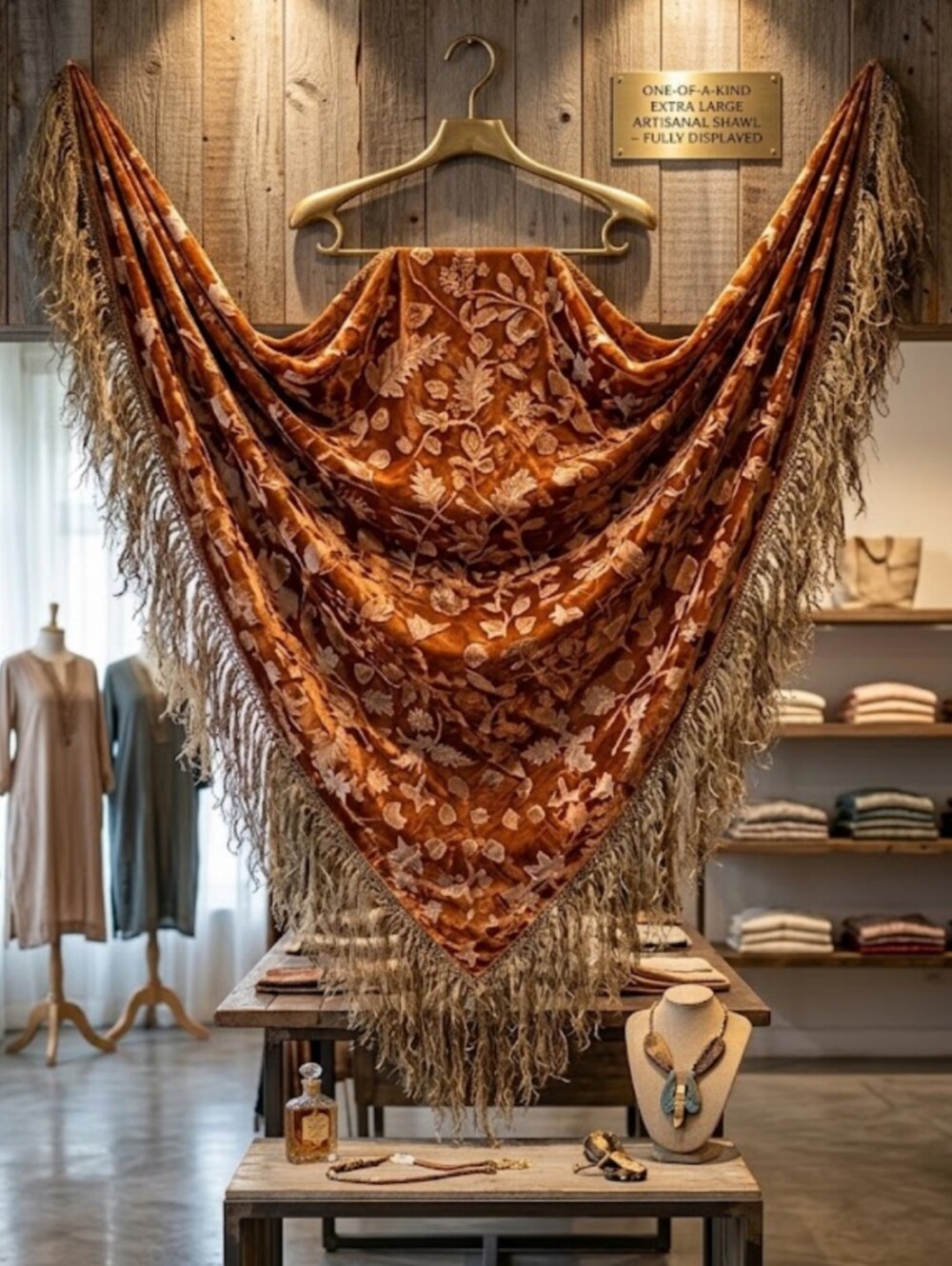 NWOT Boho Rust Sheer Floral Embroidered Fringe Oversized Triangle Scarf